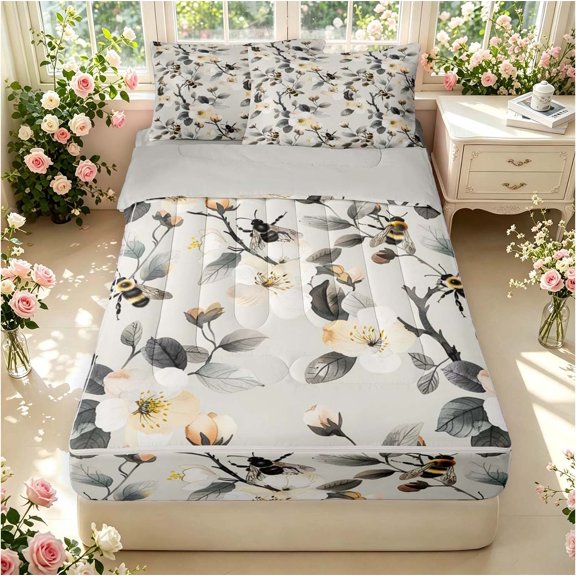 Erosebridal Lovely Bee Zipper Twin Comforter Sets with Fitted Sheet and 2 Pillowcases,Kawaii Flower Zipper Bedding Set,White Gray,Light Gray Reversible,4pcs
