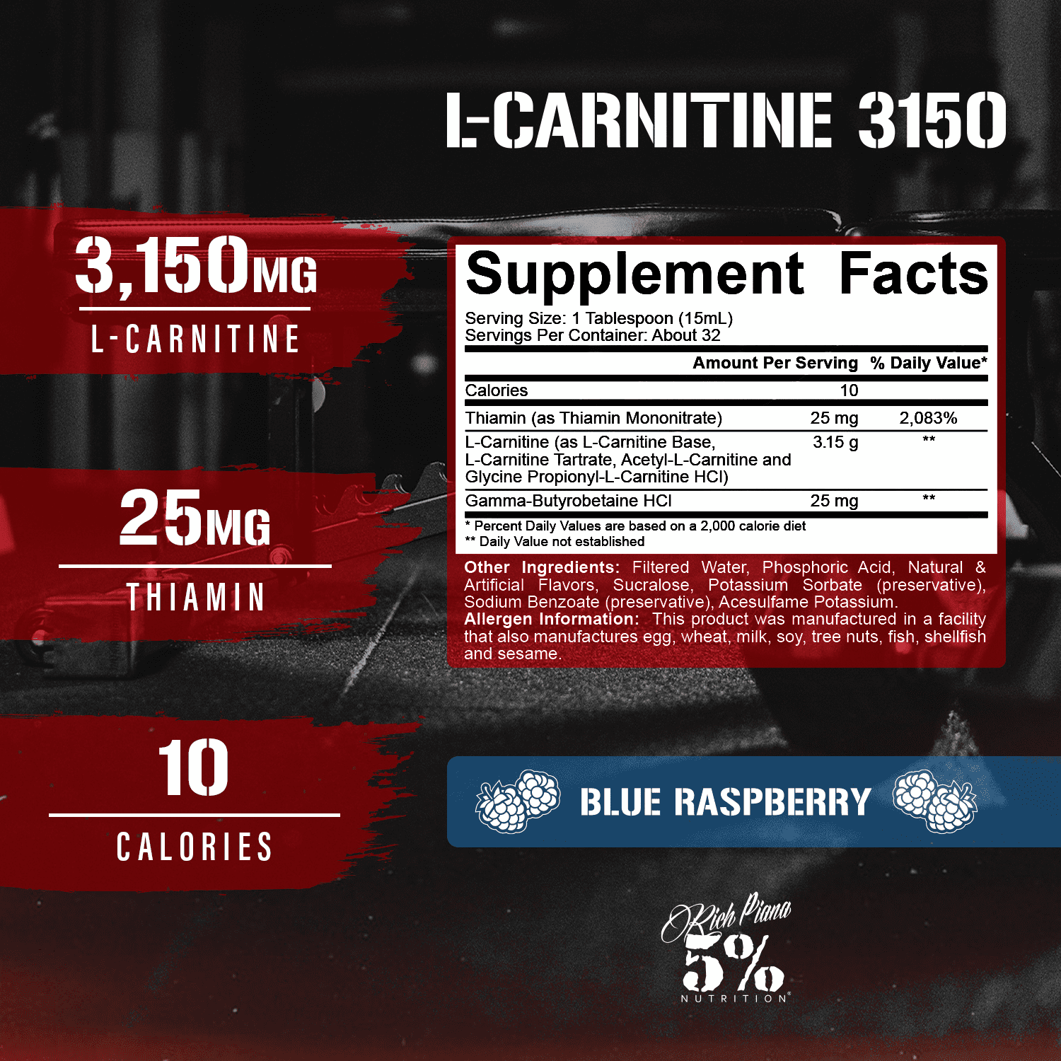 5% Nutrition Rich Piana Liquid L-Carnitine 3150 4 Source Blend with GBB (Blue Raspberry)