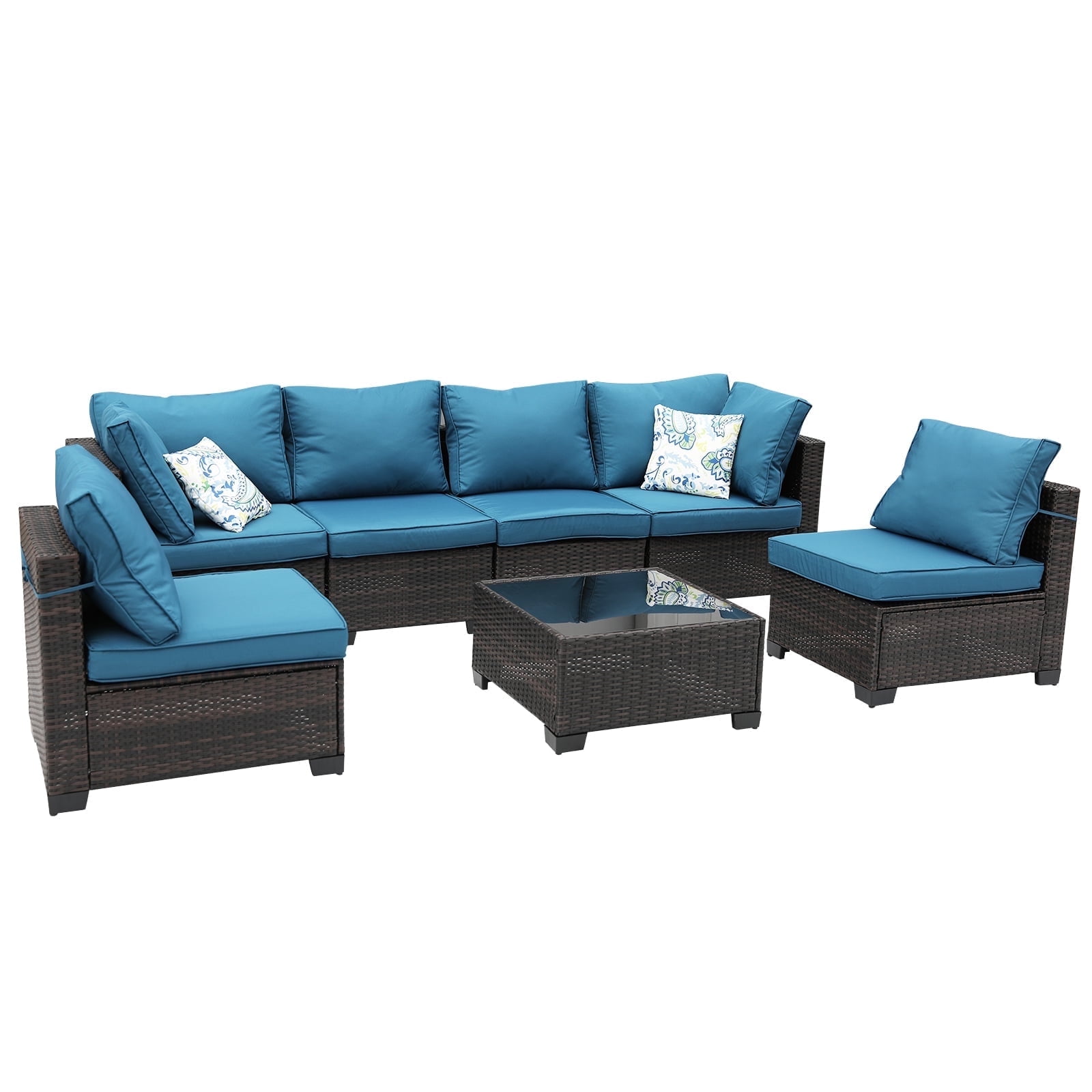 ZXRLHX 7-Piece Outdoor Rattan Patio Furniture Set (Brown/Peacock Blue) with Anti-slip Cushions