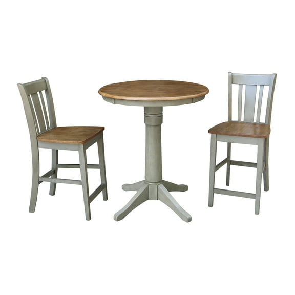 30'' Round Solid Wood Counter Height Pedestal Dining Table with 2 San Remo Splat Back Counter Height Stools in Distressed Hickory/Stone