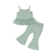 thumbnail image 2 of Mama's sunshine Little Girl Summer Set, Sleeveless Square Neck Ribbed Ruffled Tops with Decorative Buttons Flare Pants Baby Toddler Outfits, 2 of 10