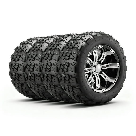 KFFKFF 12" Golf Cart Wheels and 20x10-12 Tires Combo, Black Aluminum Alloy, Set of 4, Compatible with Club Car, EZGO, Yamaha, 4-Ply Rubber, 4-Lug Design, 800 lbs Load Capacity, All-Terrain Use