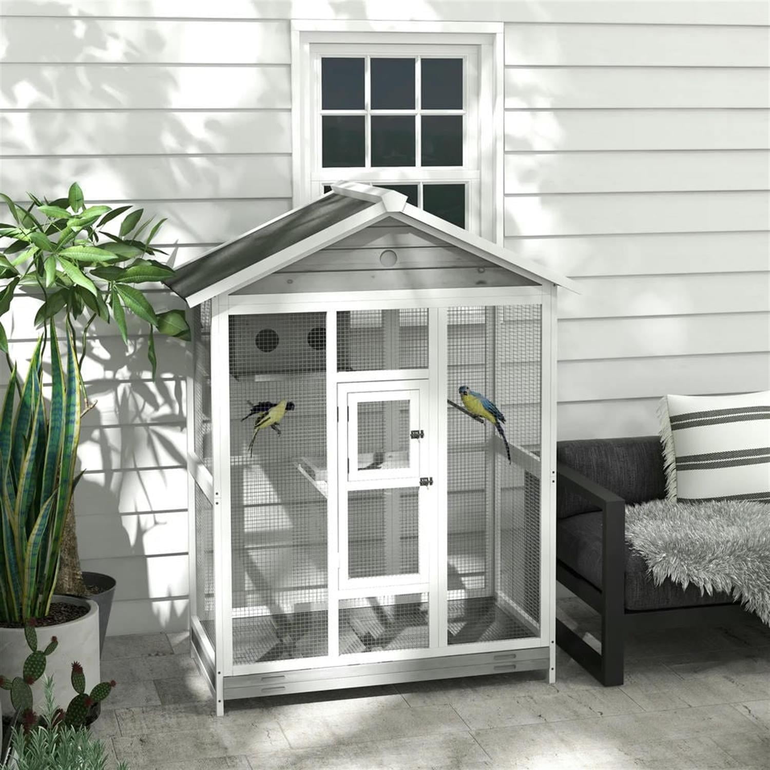 Kadyn 64" Height Wooden Outdoor Flight Bird Cage Aviary with 4 Perches and Slide-Out Tray for Parrots Conures Lovebird Cockatiel Parakeets, Gray