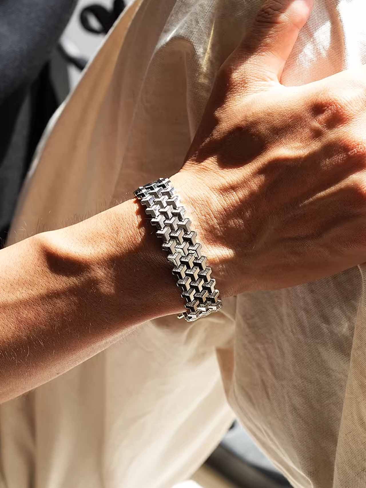 Men Geometric Link Bracelet, Handmade Modern Out Jewelry Accessories for Men Silver 6.5 inches