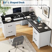 63 Inch Black & White L-Shaped Executive Desk, Large Corner Computer Desk with Monitor Stand, 4 File Drawers & Power Outlets, Home Office Storage Desk