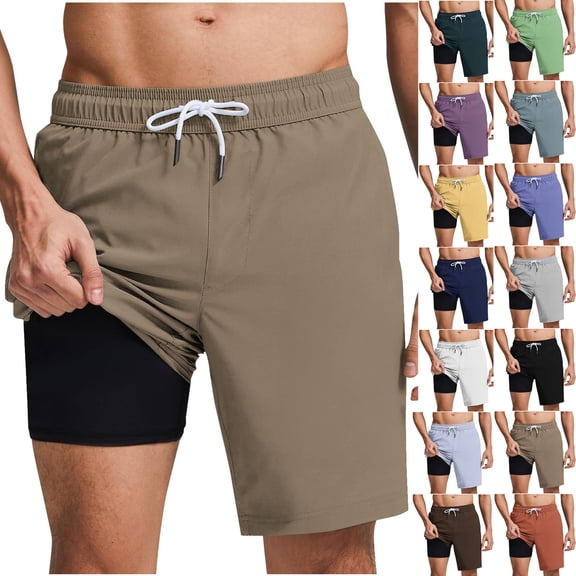 RYDCOT Mens 7" Swim Trunks with Compression Liner S-2XL Quick Dry Swimming Shorts Zipper Pockets Swimsuits Yellow