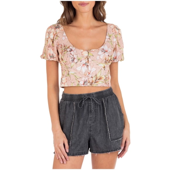 Hurley Womens Lily Floral Print Crop Top Blouse, medpink, S