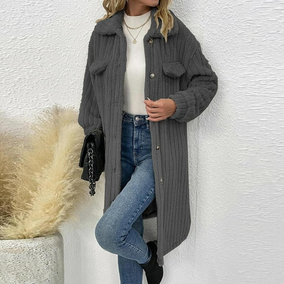 Usmixi 2023 Winter Womens Fleece Coats Overcoats for Women Long Sleeve Winter Warm Cozy Fluffy Fuzzy Plush Coats Loose Casual Solid Button Down Lapel Mid Length Sherpa Jackets Up to 65% off
