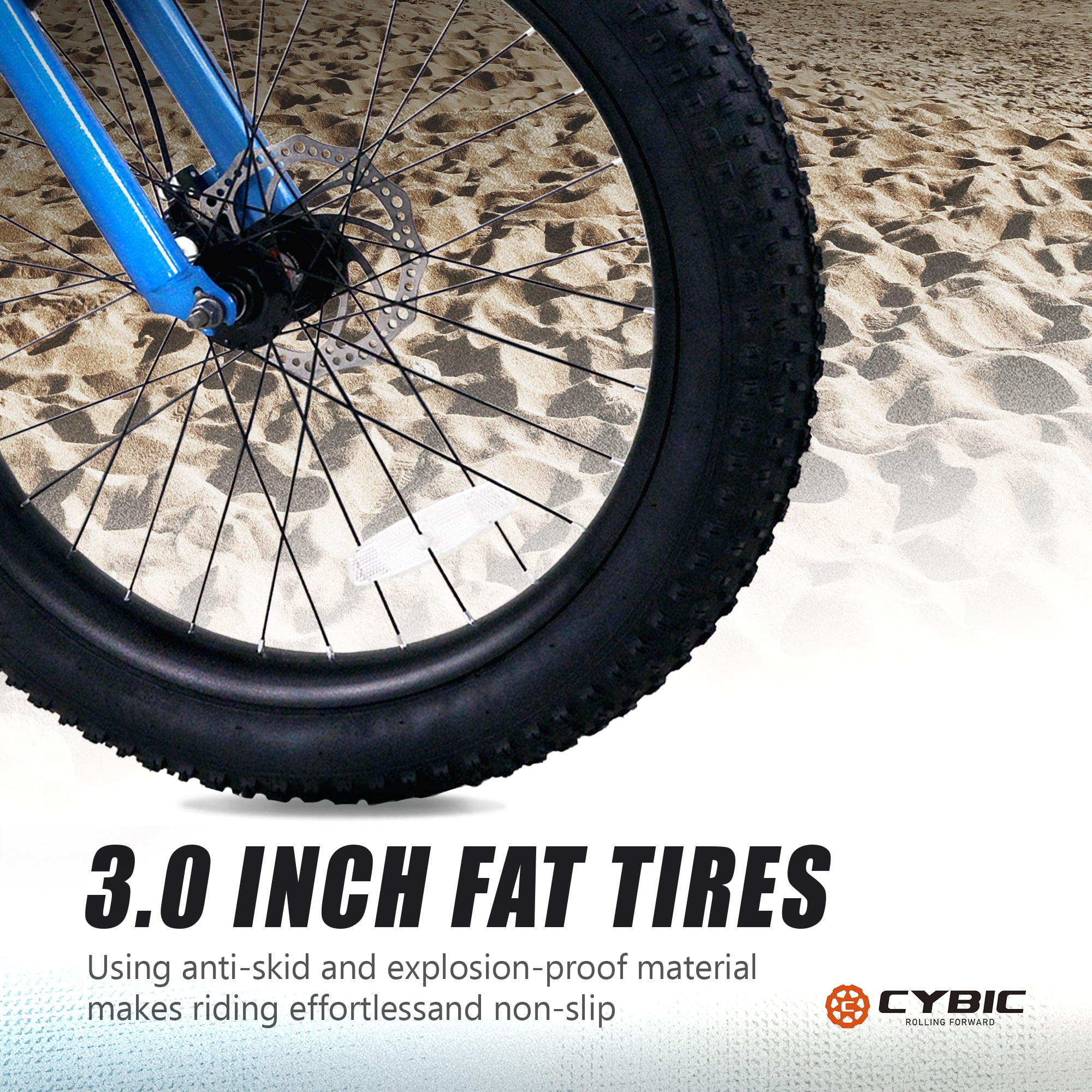 Cybic Fat Tire Mountain Bike 24 inch, 7 Speeds, Double Disc Brake Bicycle, White Blue