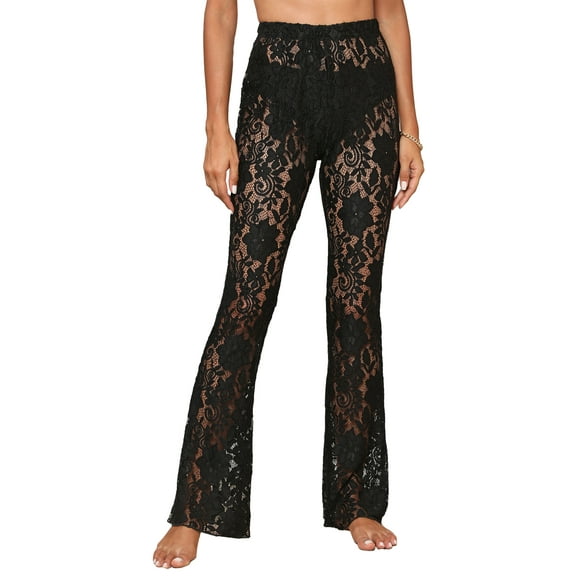 FEORJGP Women’s Sexy Sheer Lace Pants Ladies High Waist Trousers See Through Flare Pants Bell-Bottoms Beachwear Streetwear