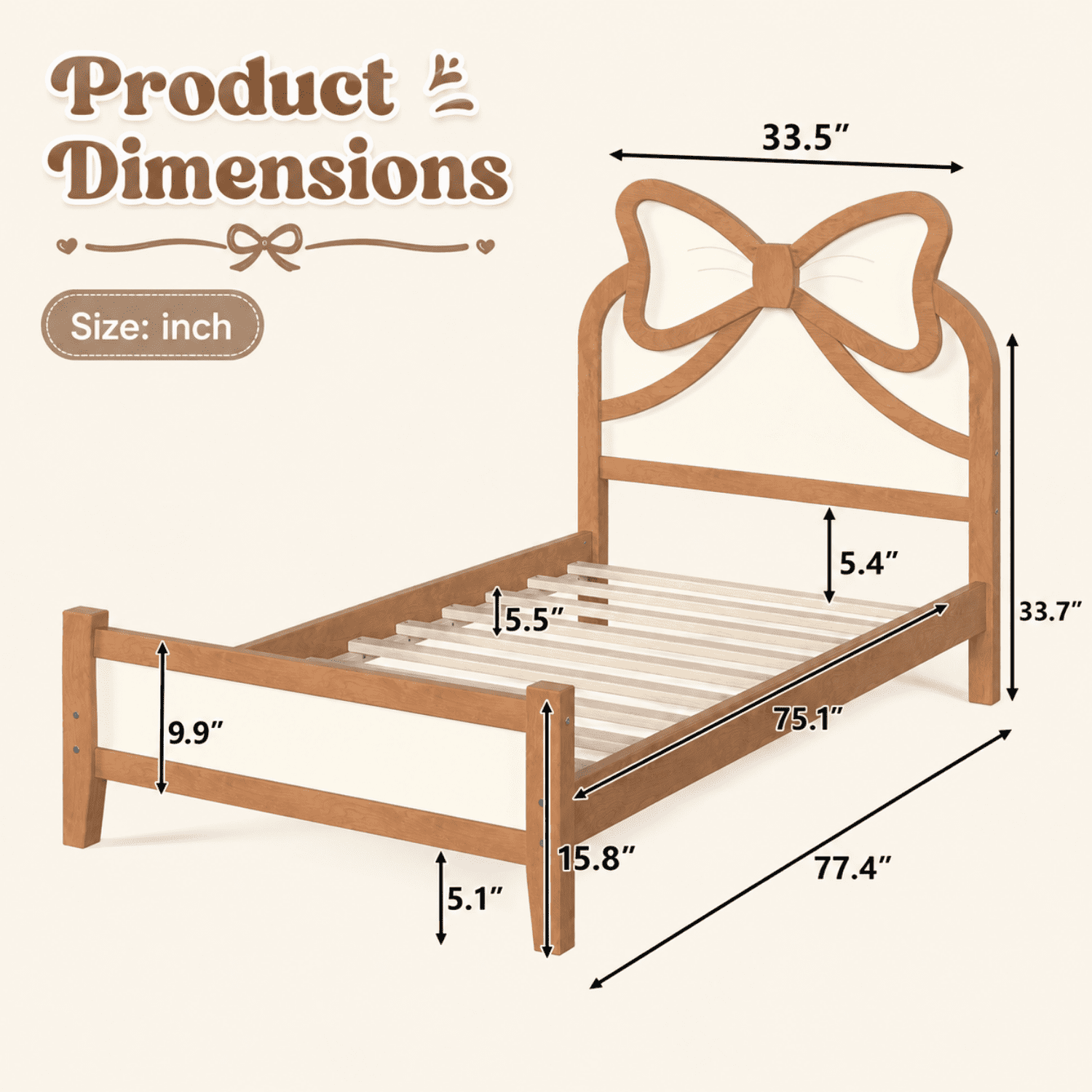 Miniyam Twin Size Kids Platform Bed with Bow-Shaped Headboard, Wood Bed Frame, Natural