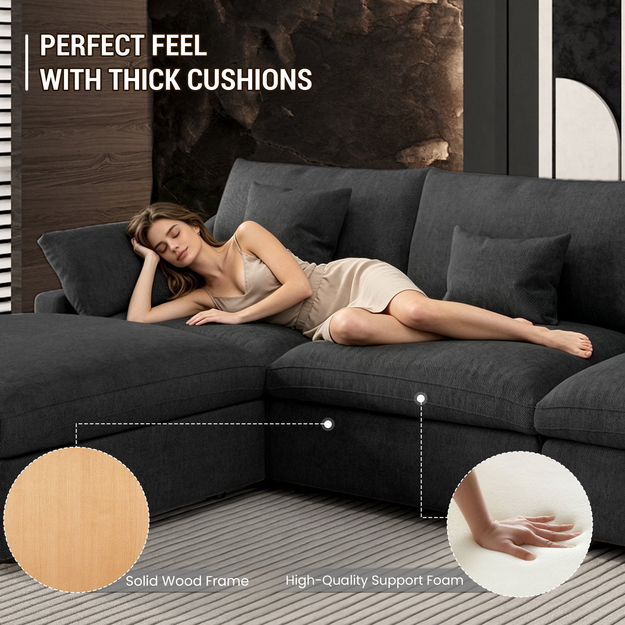 120" Cloud Couch Sectional for Living Room, Down Filled Convertible L Shape Couch with Ottoman,Black