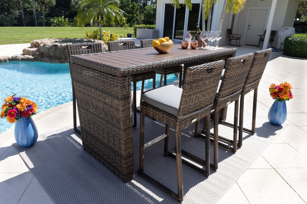Tuscany 7-Piece Resin Wicker Outdoor Patio Furniture Bar Set with Bar Table and Six Bar Chairs (Half-Round Brown Wicker, Sunbrella Canvas Taupe) - image 3 of 5