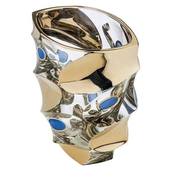 Calypso Collection Modern Bohemian Crystal Hand-Crafted Decorative Vase - 10 Inches Vase, Platinum and Blue Olives Cut
