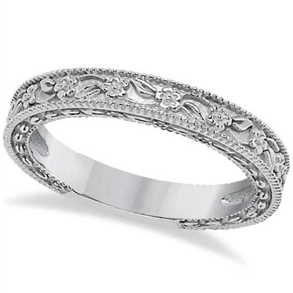 Carved Floral Designed Wedding Band Anniversary Ring in 14K White Gold