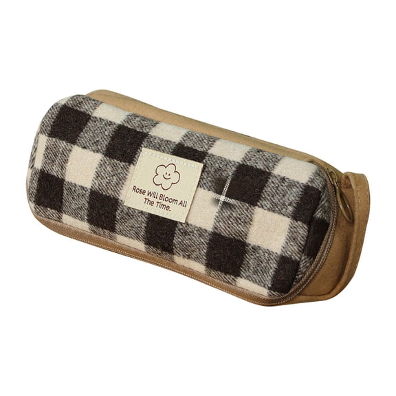 Hyknon Classic Checkered Pencil Cases, Large Capacity Pencil Case Pouch with Zipper, Soft Stationery Bag with Handheld, Multi-Functional Stationery Pouch for Makeup Office Travel Daily, Coffee