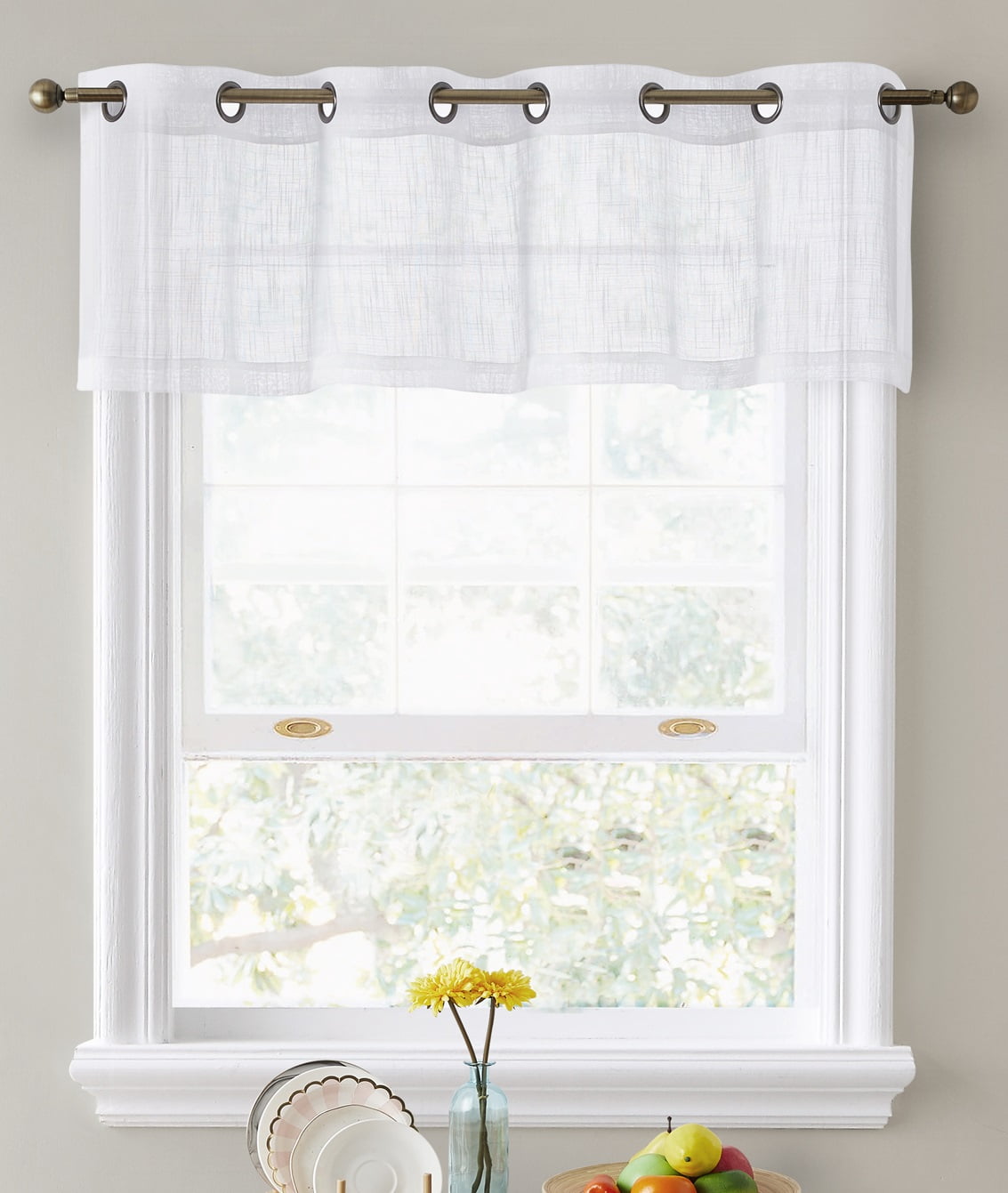 HLC.ME Faux Linen SemiSheer Grommet Valances Set, White, 18 in x 54 in