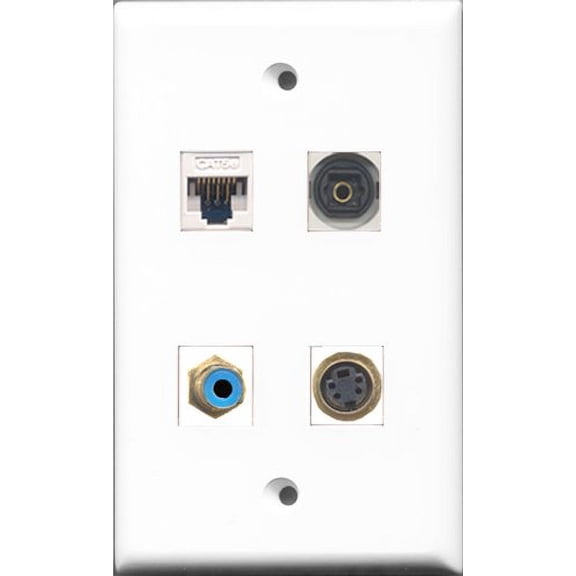 RiteAV 1 Port RCA Blue and 1 Port S-Video and 1 Port Toslink and 1 Port Cat5e Ethernet White Wall Plate