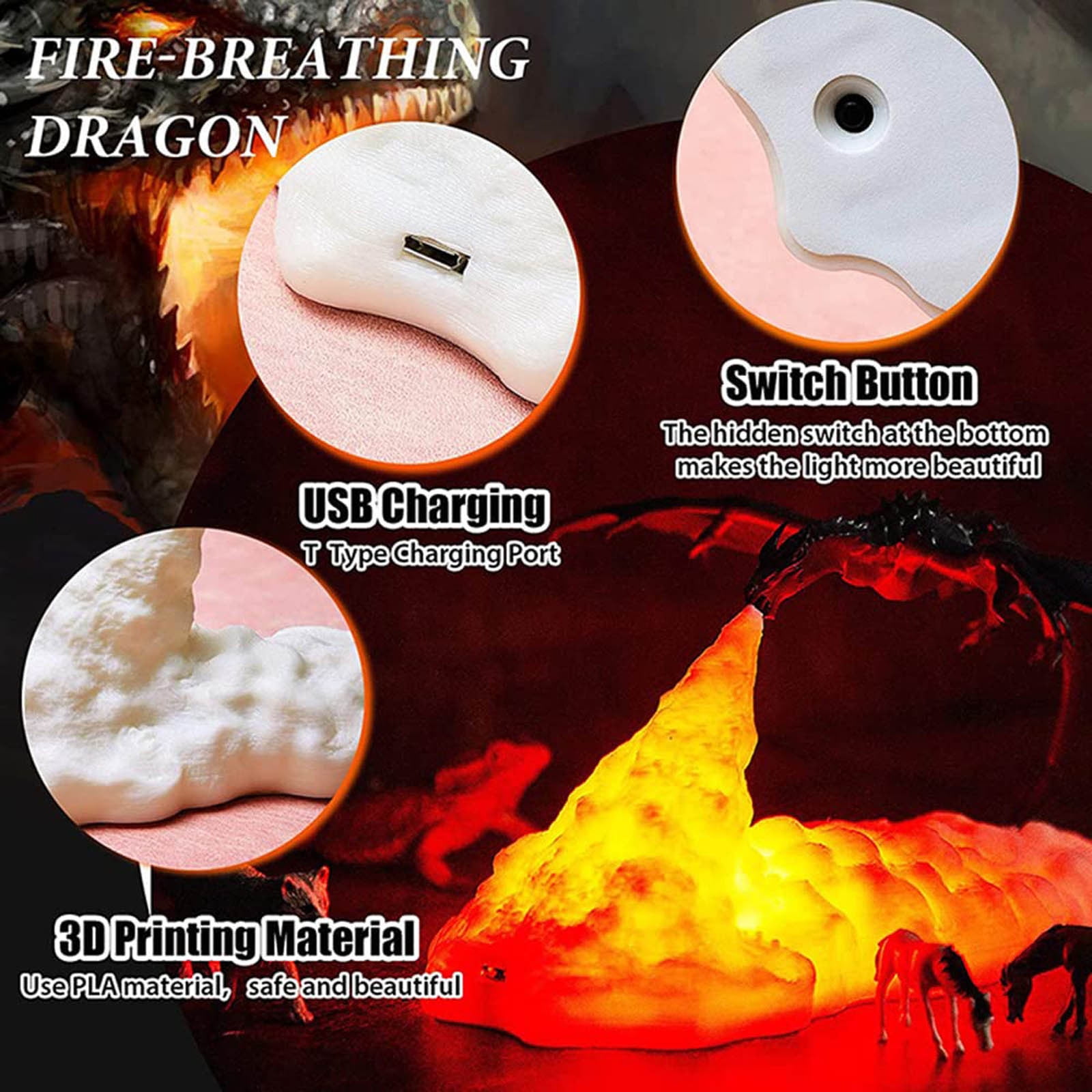 Wovilon Fire Dragon Lamps, 3D Printed Volcano Dragon Lamps Night Light Moon Light with Usb Rechargeable, Desktop Lamp for Bedroom Office Children Gifts