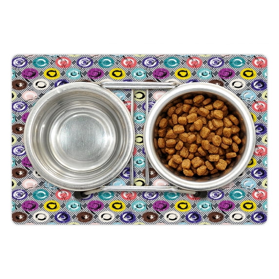 Abstract Pet Mat for Food and Water, Modern Grunge Geometric Circles Stripes Splashes on Chevron Trippy Background, Non-Slip Rubber Mat for Dogs and Cats, 18" X 12", by Ambesonne
