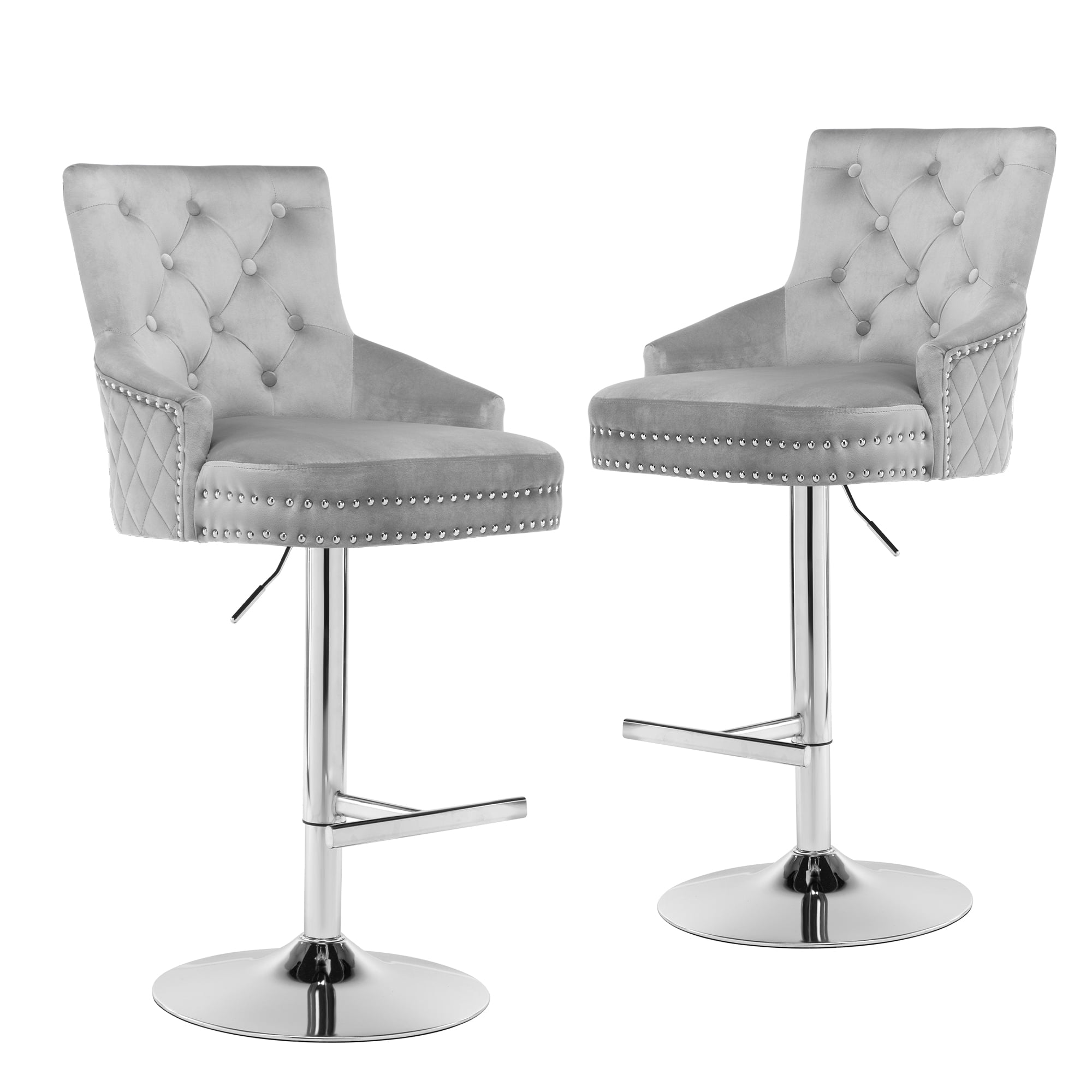 Foredo Velvet Swivel Bar Stools Set of 2, Modern Adjustable Bar Stools with Button Tufting and