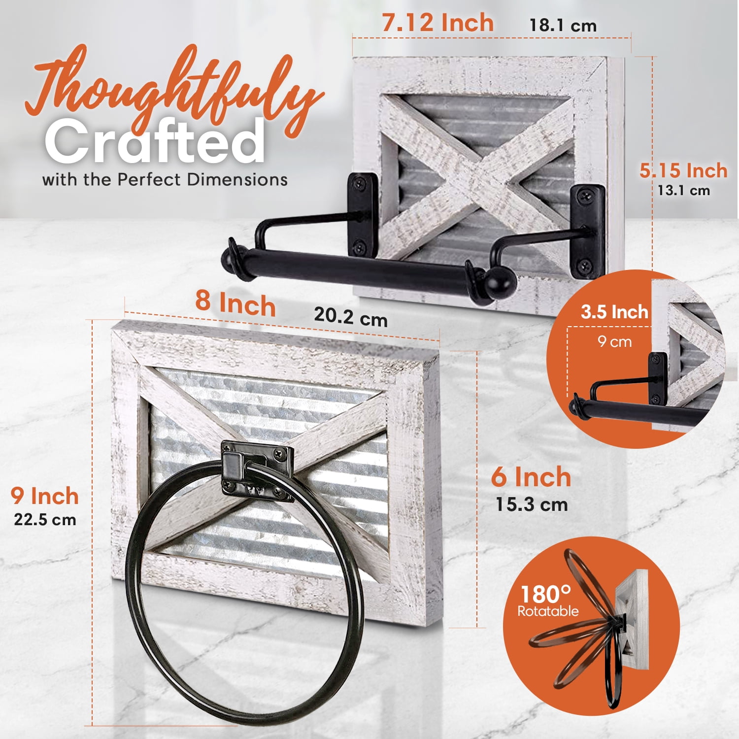 Autumn Alley Farmhouse Toilet Paper Holder and Towel Ring, Wall Mount, 2 Set - Farmhouse Wall Toilet Paper Holder & Bathroom Hand Towel Holder Decor, Rustic White