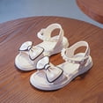 thumbnail image 2 of Girls Flat Sandals Open Toe Cute Bow Lightweight Thick Sole Soft Footbed Pearl Ankle Strap Princess Dress Shoes White 3.5 Big Kid, 2 of 5