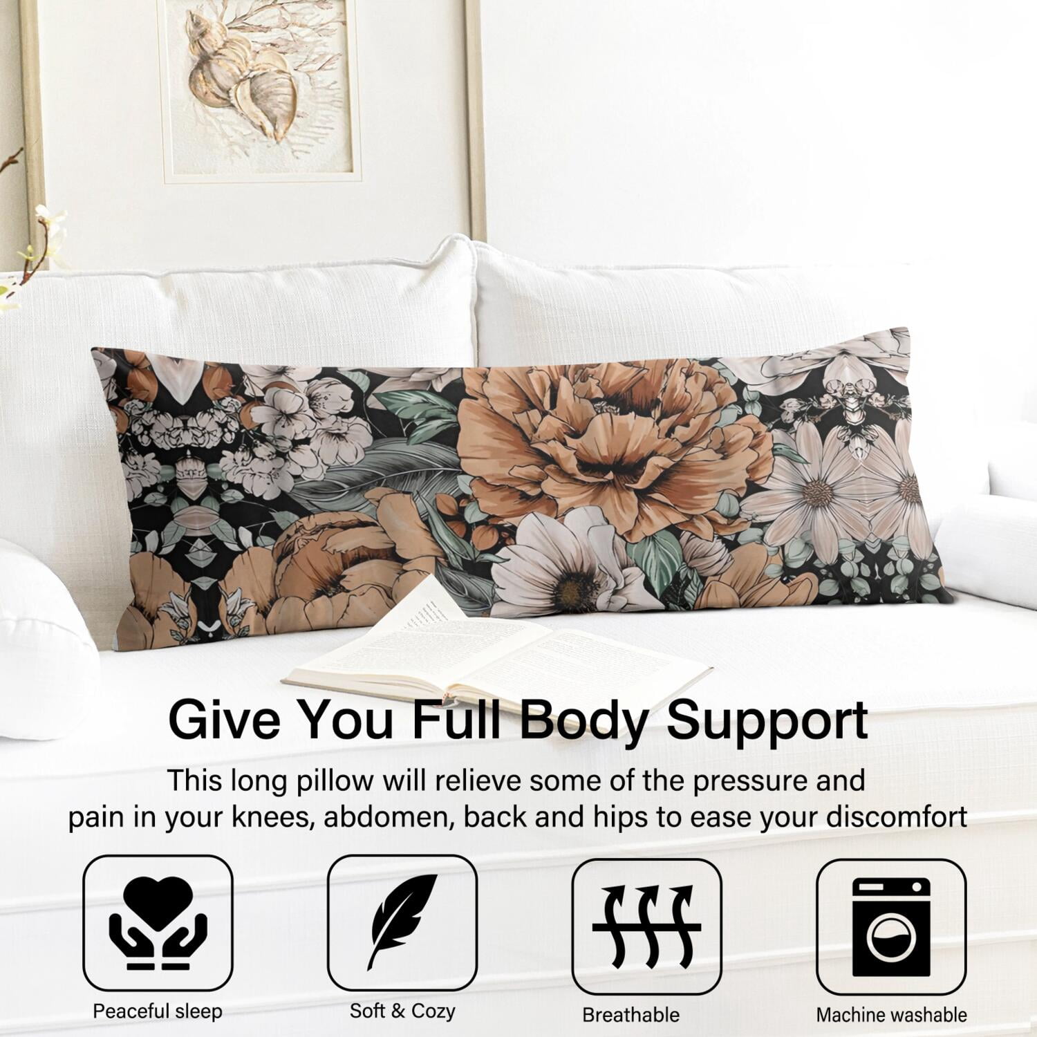 Romantic Rose Body Pillow Cover 20x54 - Sunflower Daisy Long Pillow Case with Invisible Zipper - Soft Full Body Pillow Protector - Machine Washable Cozy Slipcover for Sleeping