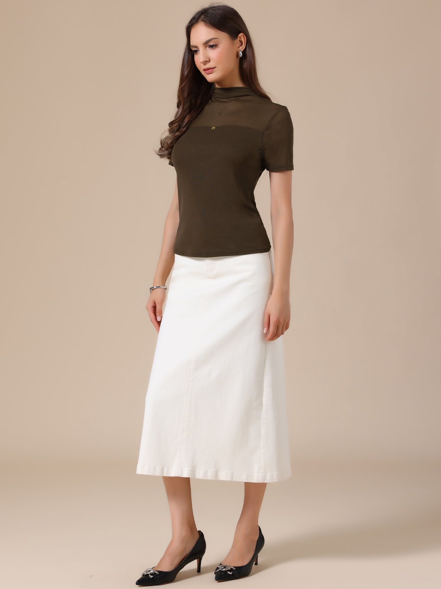 DARING DIVA Women's Mock Turtle Neck Short Sleeve Top Sheer Mesh Shirts L Coffee