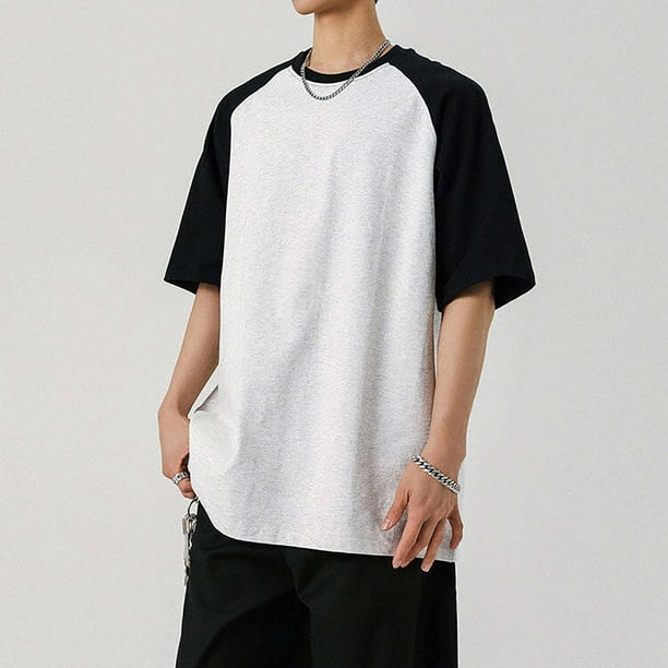 Blusas y camisas de manga corta y cuello redondo para hombre, blusas casuales de bloque de color con mangas raglán y cuello redondo conciso para hombre.