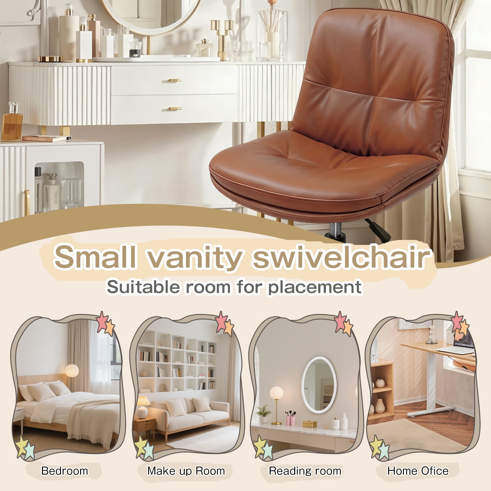 Small Office Desk Chair, PU Leather Armless Swivel Chair with Lumbar Pillow, Height Adjustable Task Chair for Small Spaces, Bedroom & Vanity Brown