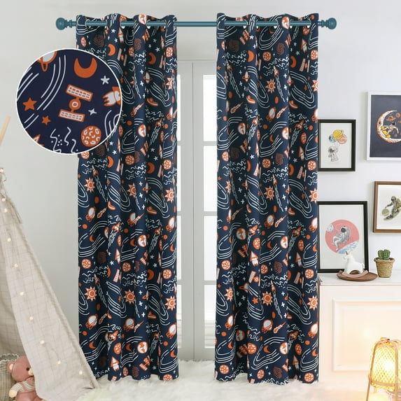 Deconovo Kids Blackout Curtains for Bedroom Grommet Thermal Insulated Room Darkening Print Space Adventaure Designer for Living Room W52 X L84 Indigo Set of 2 Panels