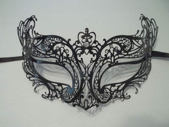 Black Venetian Masquerade Metal Mask with Clear Rhinestones 
