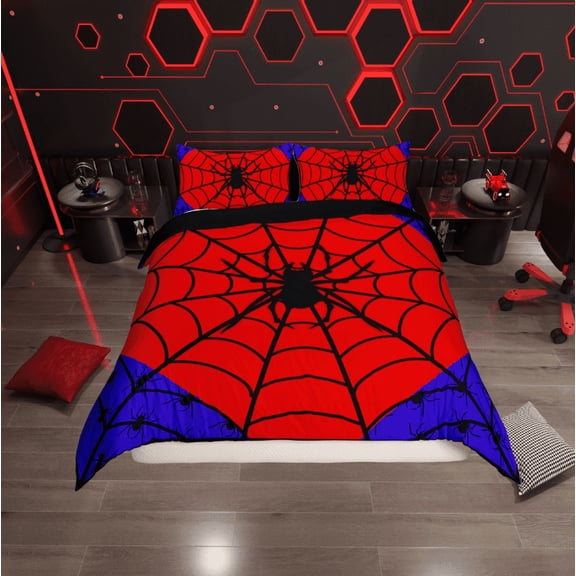 Erosebridal Halloween Spider Comforter Cover Twin, Black Spider Web Bedding Twin Size, Red Blue Gothic Bedroom Decor, Reversible 2-Piece (No Comforter)