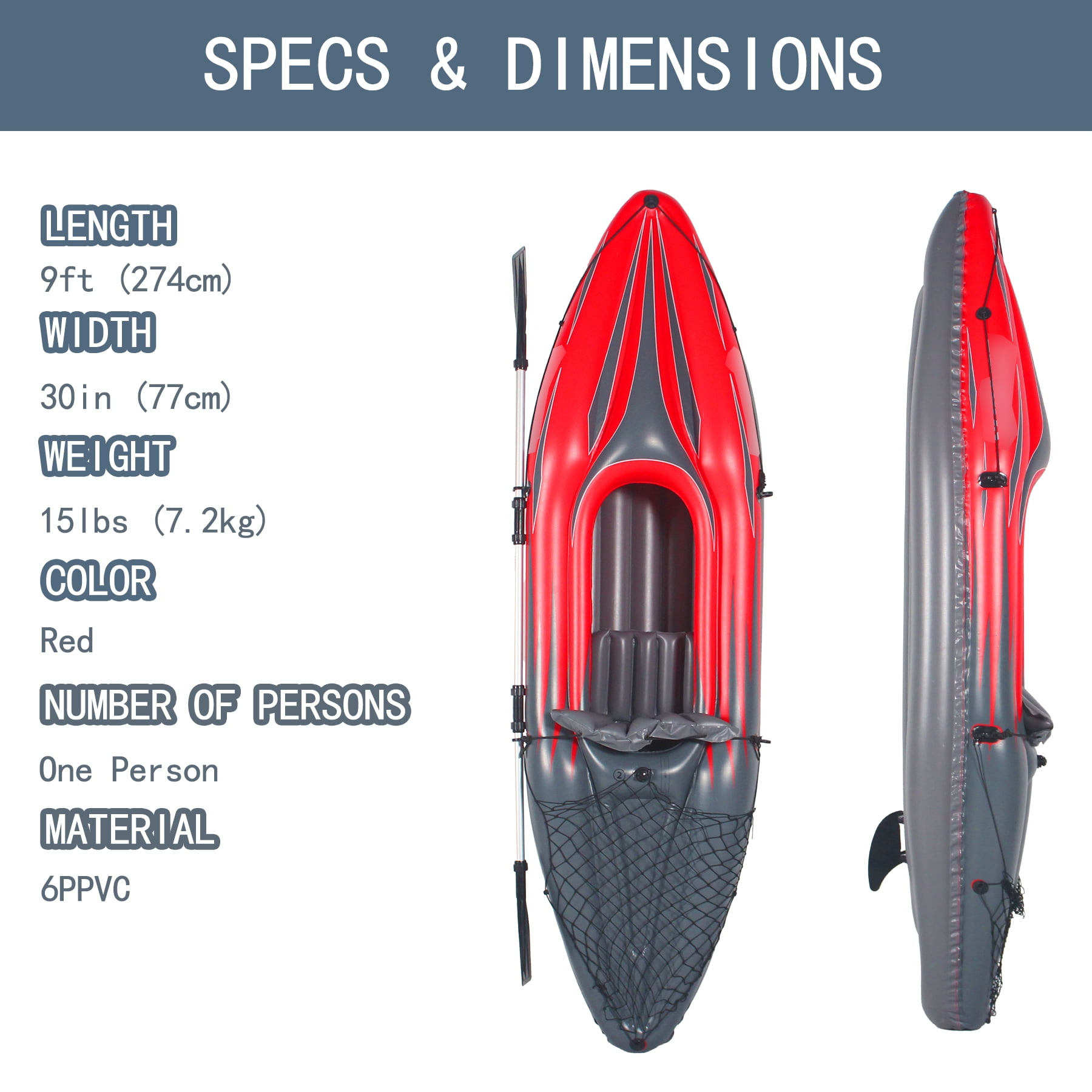 Inflatable Kayak 1 Person Adult Canoe with Adjustable Seat, Aluminum Oars & Hand Pump, Red