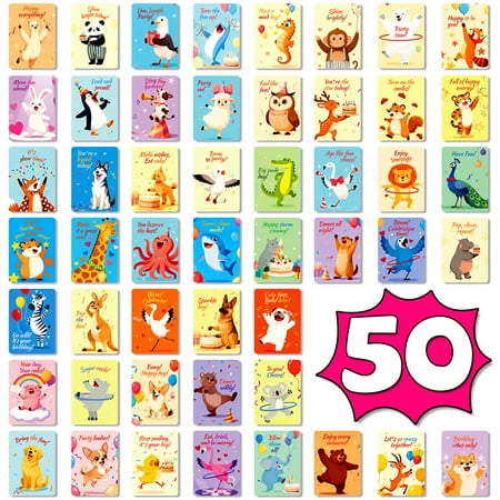 50 Pack Assorted Birthday Greeting Cards Set with Cute Animal Designs Blank Inside Celebration Party Favor Notes for Gifts