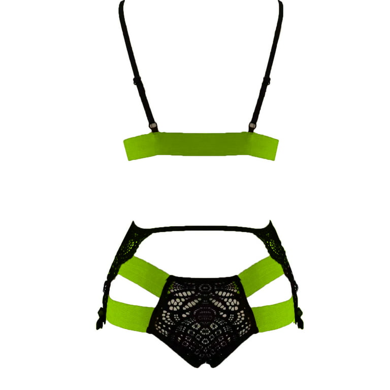 RQYYD Garter Lingerie, Lace Plus Size Lingerie Set,Underwire 3 Piece  Embroidered Sexy Lingerie With Garter Belt (Green,L)