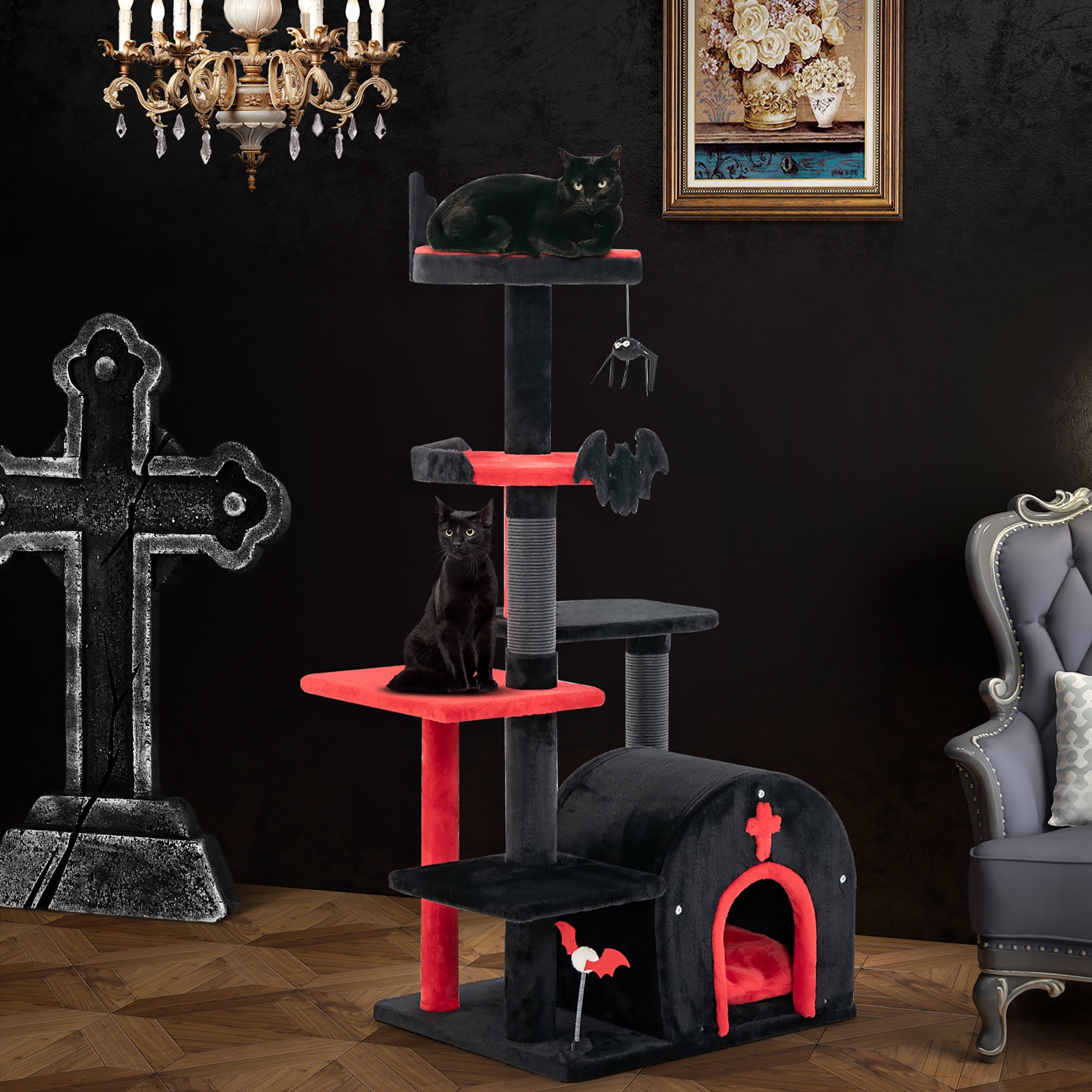 Gymax 6-Tier Gothic Cat Tree 53'' Tall Cat Tower w/ Cat Bed Arch-Shaped Condo Pompom