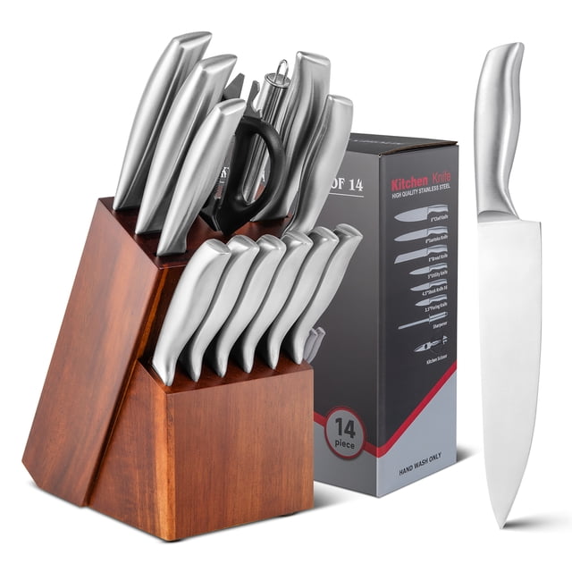 Costway 14-Piece Kitchen Knife Set Stainless Steel Knife Block Set w/ Sharpener