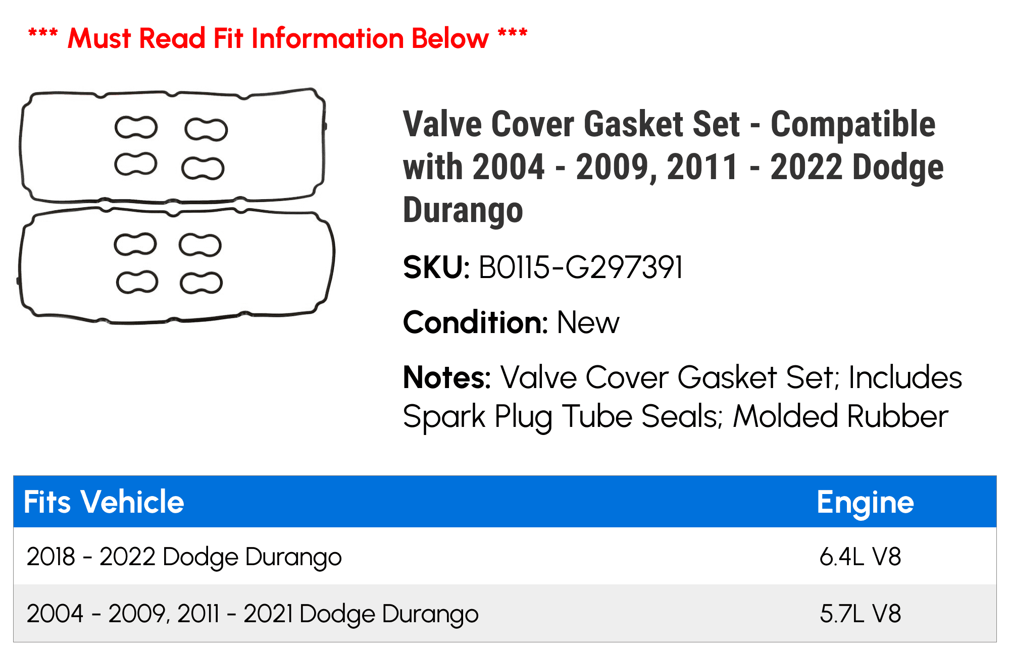 Valve Cover Gasket Set - Compatible with 2004 - 2009, 2011 - 2022 Dodge Durango 2005 2006 2007 2008 2012 2013 2014 2015 2016 2017 2018 2019 2020 2021