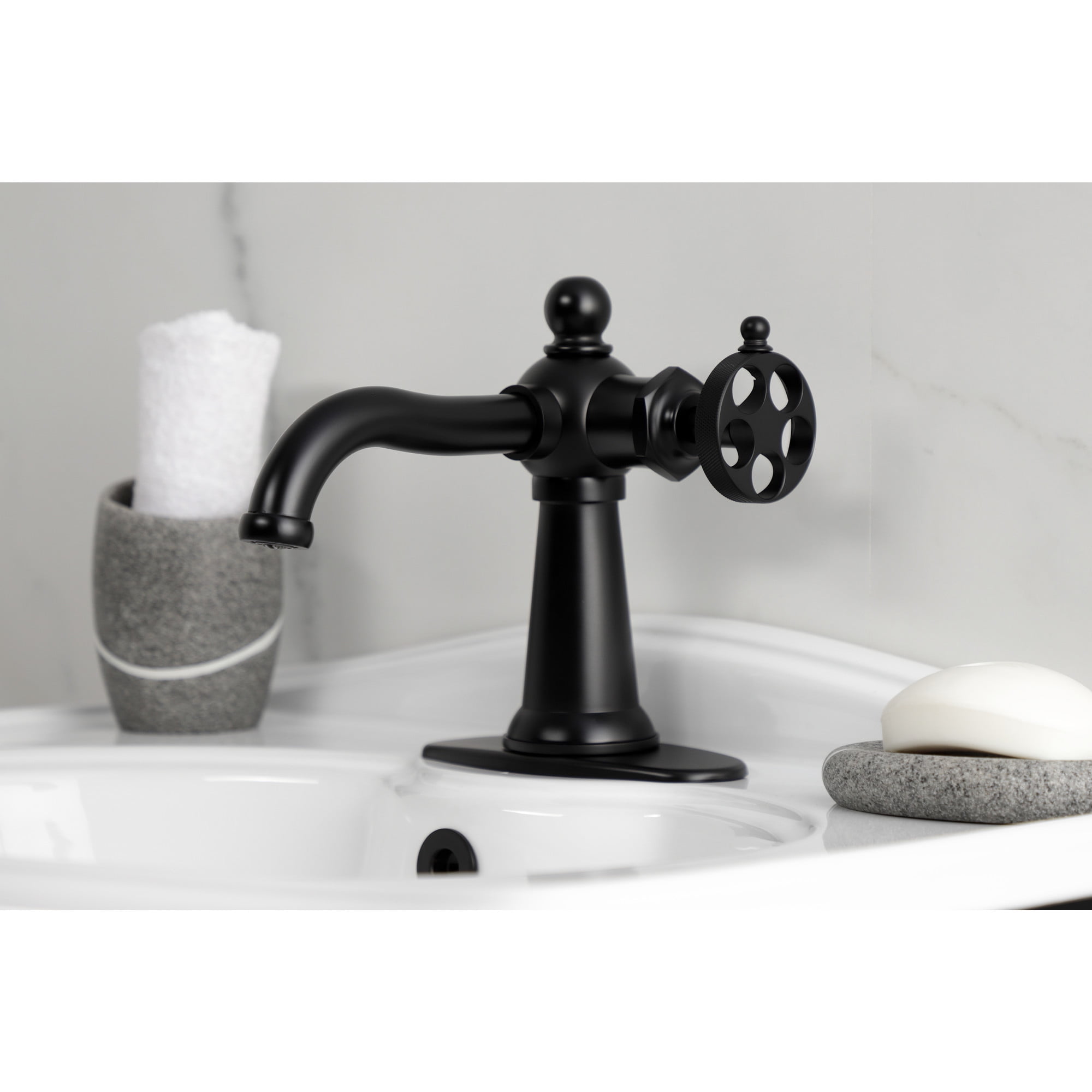 Kingston Brass KSD3540RKZ Wendell One-Handle Single-Hole Bathroom Faucet with Knurled Handle and Push Pop-Up Drain, Matte Black
