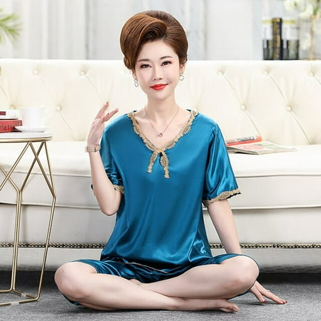 

QWZNDZGR Summer Big M-4XL Elegant Women CAPRIS Sleepwear Faux Silk Pajama Sets Ladies Pyjamas Loungewear Pijama Mujer Homewear Nightwear