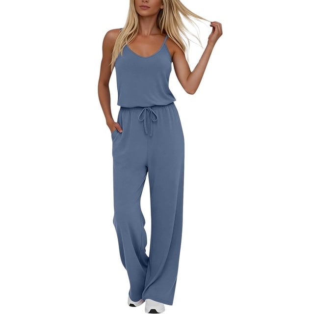 Pantalones Casuales para Mujeres Verano Cuello en V Color Sólido Bolsillo sin Mangas Pantalones Largos Mono Poliéster Moda Casual