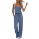 thumbnail image 1 of Pantalones Casuales para Mujeres Verano Cuello en V Color Sólido Bolsillo sin Mangas Pantalones Largos Mono Poliéster Moda Casual, 1 of 7