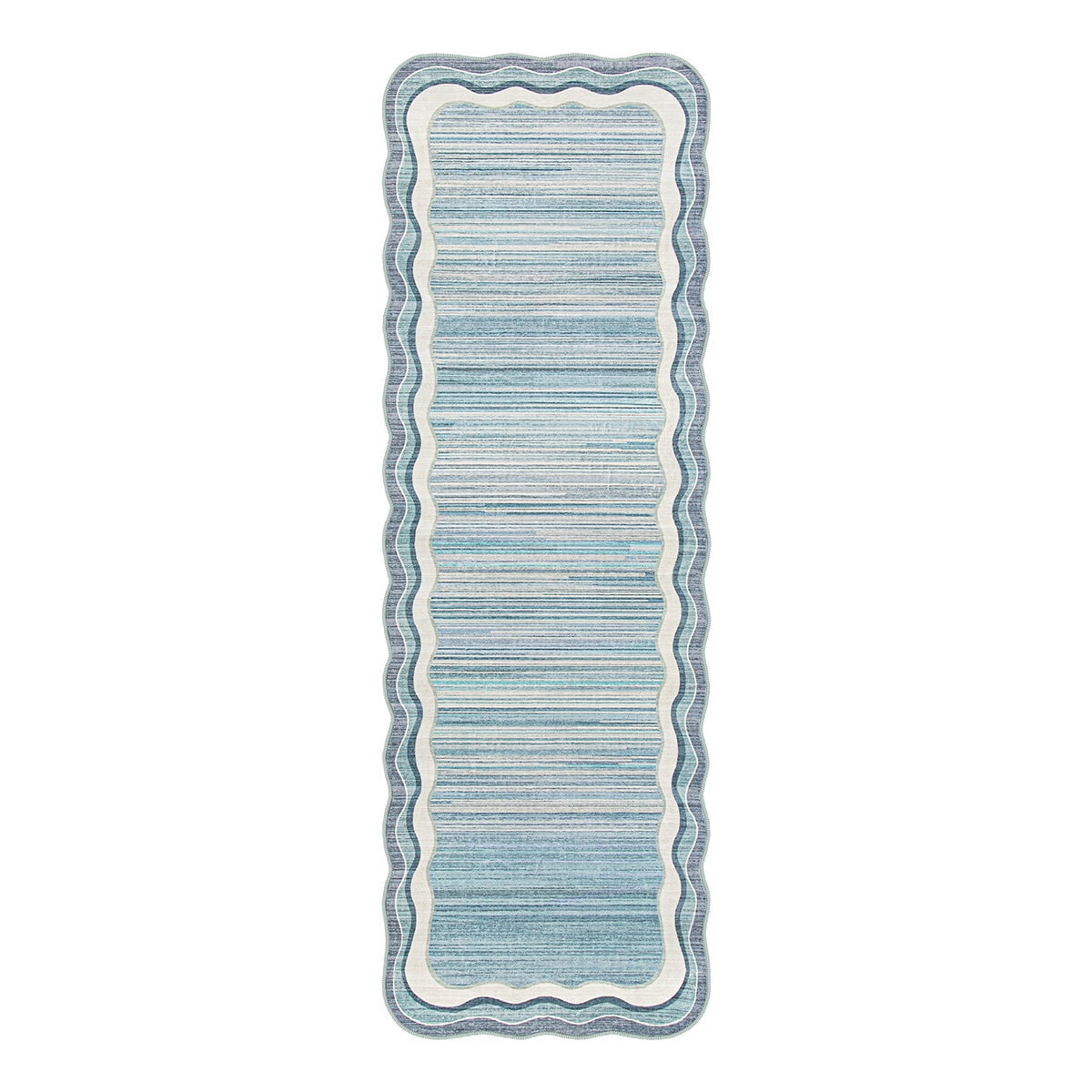 Wonnitar 2.6'x8' Scalloped Striped Hallway Runner Rug, Washable Kitchen Runner Rug, Soft Low Pile Blue Indoor Accent Rug for Entryway, Bathroom, Bedroom, Laundry