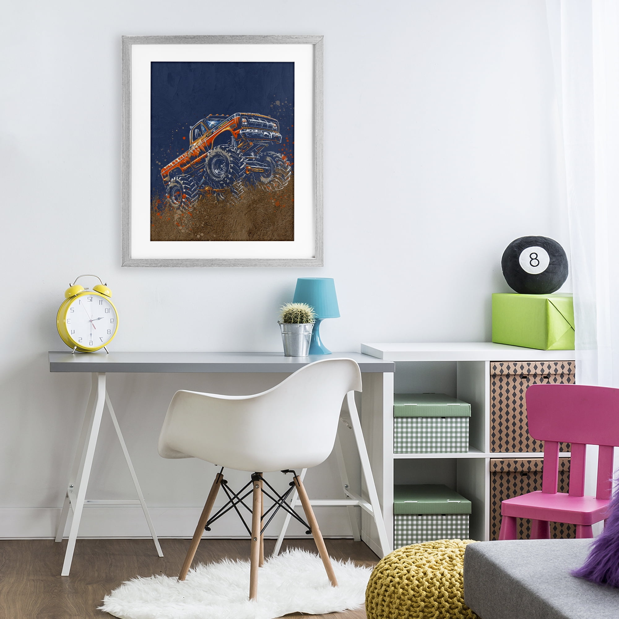 My Jam Monster Truck Gray Framed Print Under Glass, design by Kim Allen