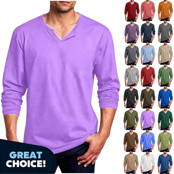 YODETEY Men's Long Sleeve Notch V-Neck T-Shirt,Classic Solid Color Basic Crew Shirt,Big and Tall Light Purple,Size M-5XL