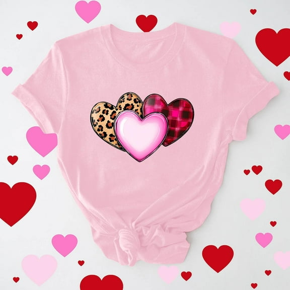 Valentine Outfits for Women Love Leopard Print Shirt Round Neck Short Sleeve T-Shirt Women Valentine Shirt Spring Clothes 2026