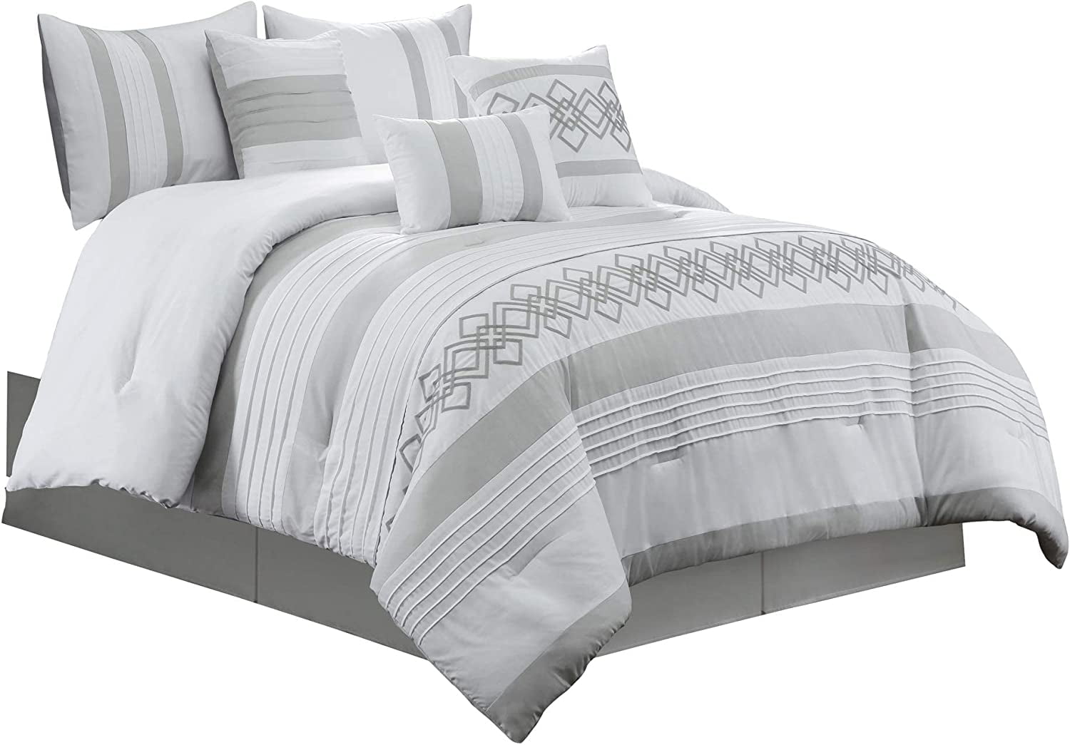 Chezmoi Collection Ariel 7-Piece Geometric Chenille Embroidery Comforter Bedding Set, California King, Gray
