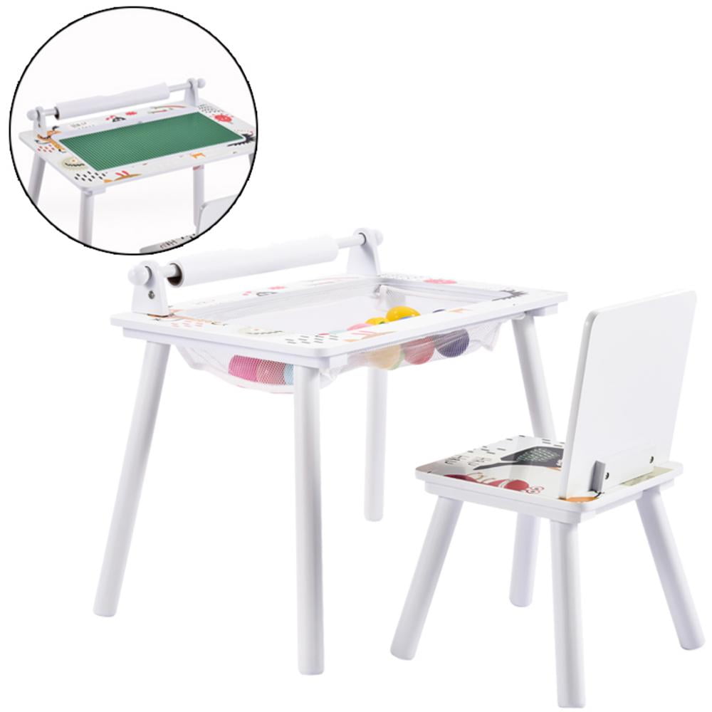 Kids Table and Chair Set Dual-side Use Wooden Children Construction Play Desk With Storage Net & Crossbar